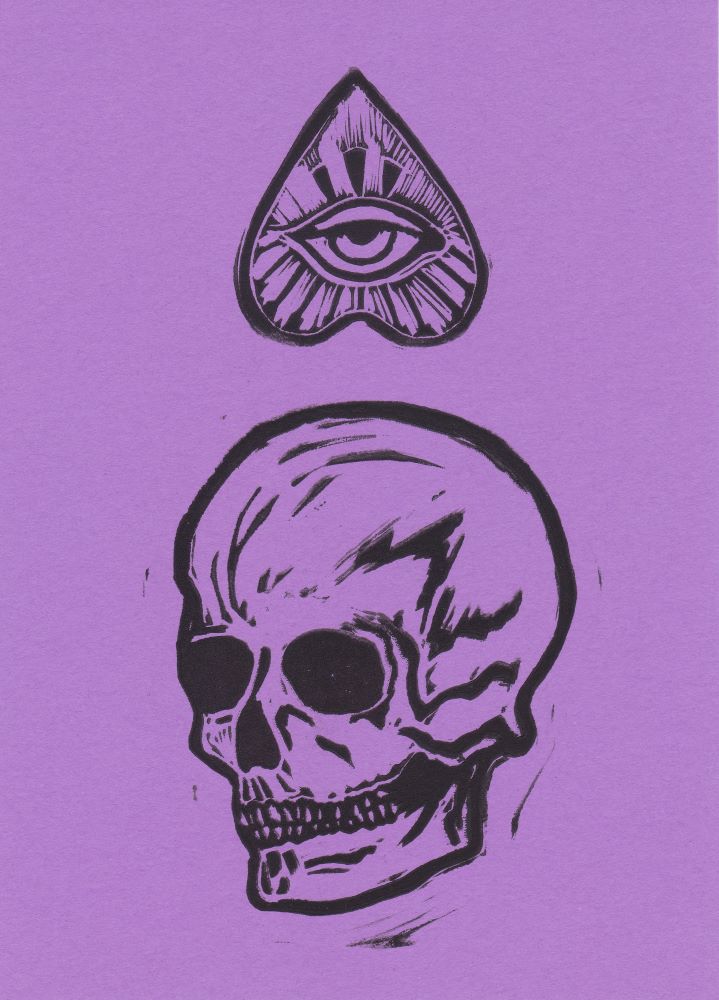 linocut skull and planchette